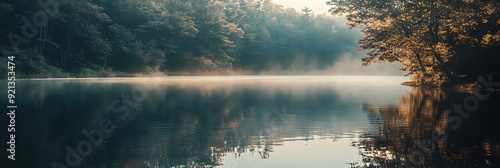 Wallpaper Mural Parks-themed banner with tranquil lake, reflections of trees, soft lighting, minimalist design, room for text on the side Torontodigital.ca
