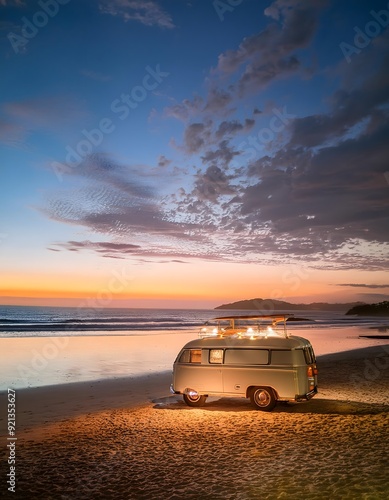 Vintage caravan on the beach at sunset