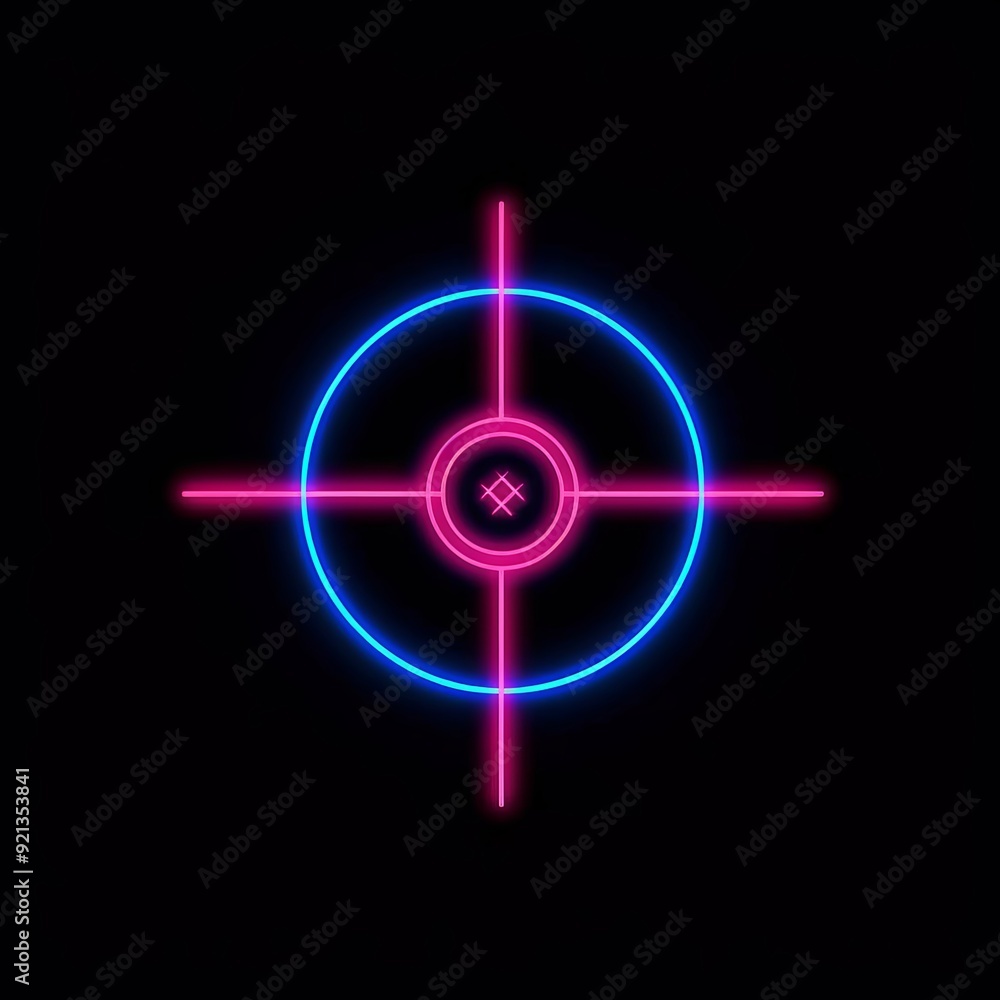 Neon target symbol glowing in pink and blue against a dark background Neon target symbol glowing in pink and blue against a dark background