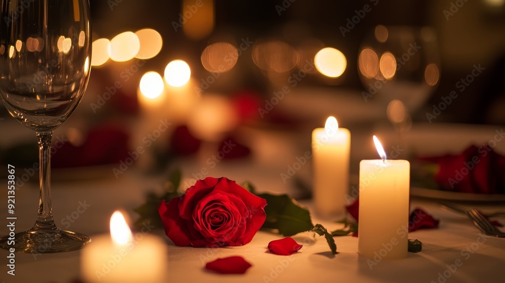 A beautifully arranged dinner table featuring red roses and candles, symbolizing romance, elegance, intimacy, love, and celebration. A beautifully arranged dinner table featuring red roses and candles, symbolizing romance, elegance, intimacy, love, and celebration.