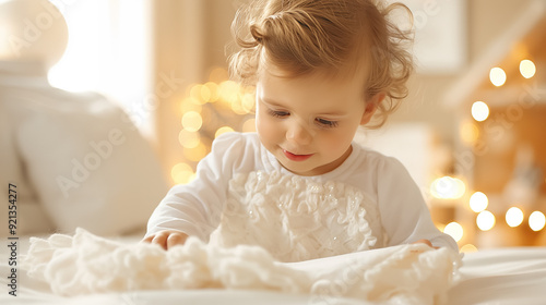 An adorable little baby is joyfully playing with a soft, fluffy blanket in a cozy, comfortable room filled with warmth and love