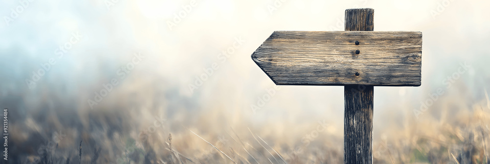 Naklejka premium Signs banner with close-up of vintage wooden signpost, soft background, space for text on the right