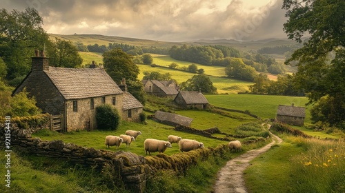 Wallpaper Mural A charming stone cottage nestled among rolling green hills, with sheep grazing peacefully in a picturesque setting.  The scene evokes a sense of tranquility and peacefulness Torontodigital.ca