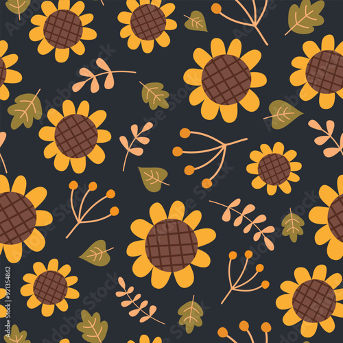 Fall seamless pattern. Autumn background with sunflowers. Vector illustration.It can be used for wallpapers, wrapping, cards, patterns for clothes and other.