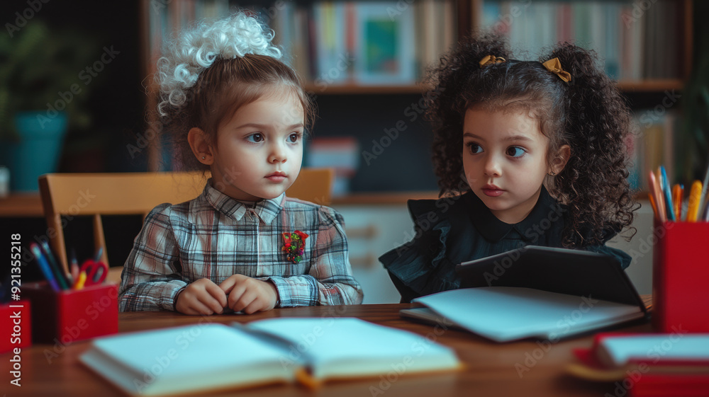Little girls, children, girlfriends are sitting at the table, pens, books, open notebooks are on the table, preparing homework for school for a new school day. Little girls, children, girlfriends are sitting at the table, pens, books, open notebooks are on the table, preparing homework for school for a new school day.