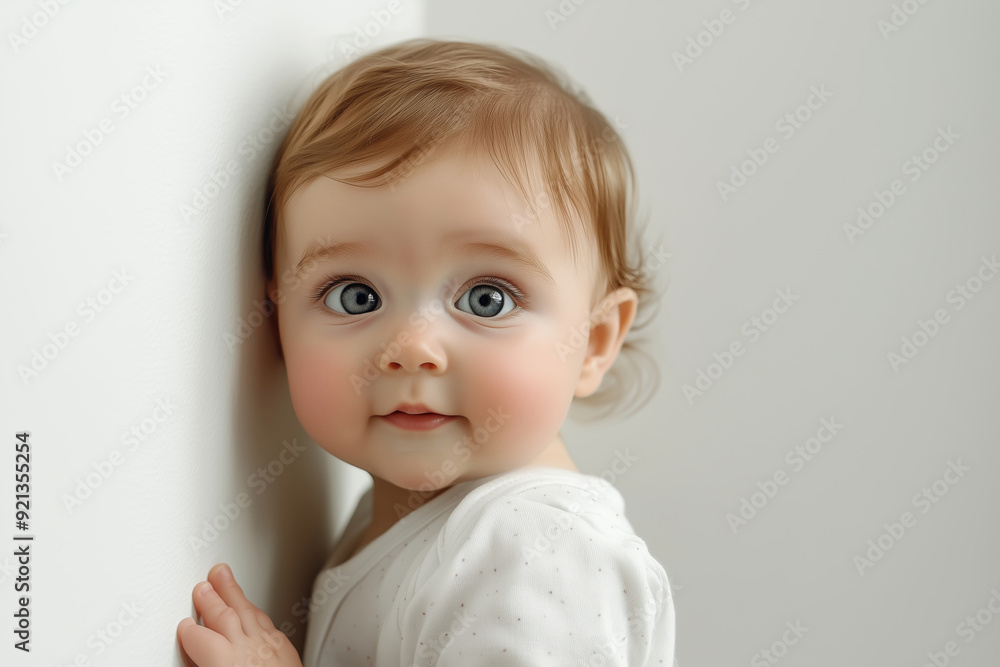 Curious baby with big blue eyes stands by a white wall in a softly lit room, exploring the world around them Curious baby with big blue eyes stands by a white wall in a softly lit room, exploring the world around them