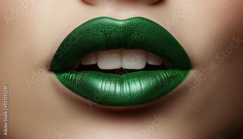 Bold green lipstick close-up on lips with a subtle shine and bright white teeth photo