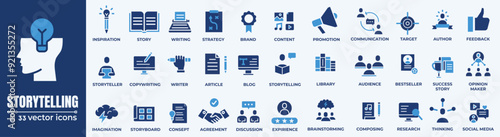 Storytelling and copywriting related icons: thin vector icon set, black and white kit