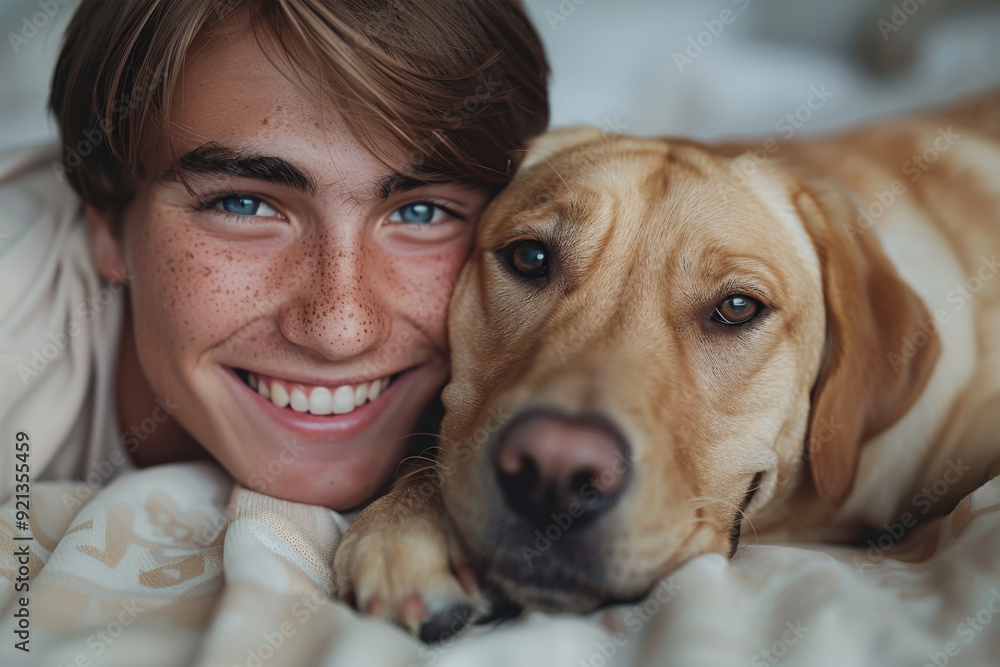 Smiling Teen with Dog During Morning Smiling Teen with Dog During Morning
