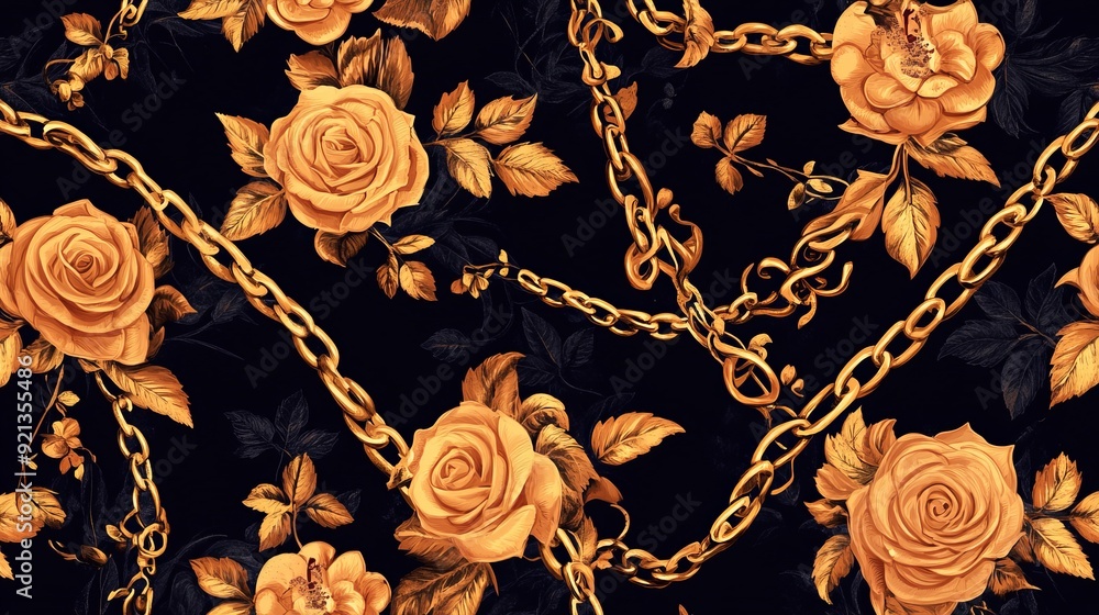 A seamless pattern adorned with gold chains and floral elements, designed as a decorative vector illustration A seamless pattern adorned with gold chains and floral elements, designed as a decorative vector illustration