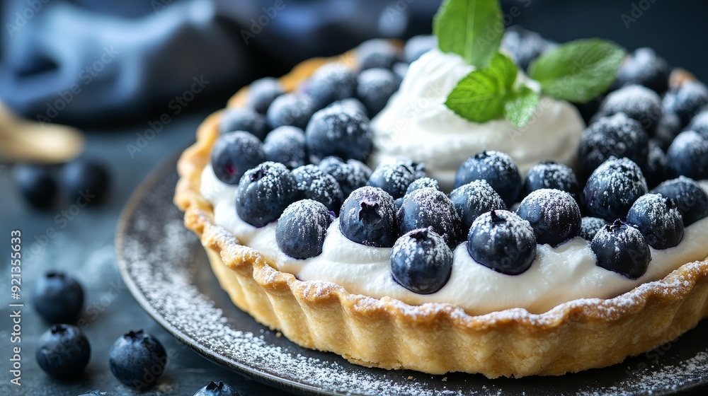 A close-up shot of a freshly baked blueberry tart, adorned with whipped cream and powdered sugar, showcasing a delightful combination of textures and flavors.