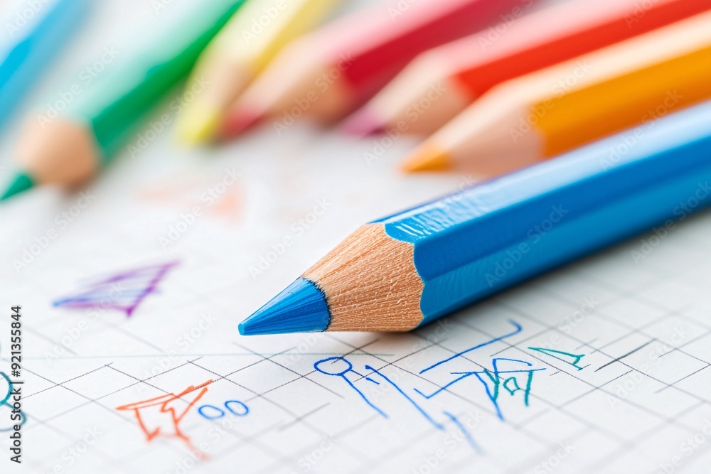 Colorful Pencils on Paper with Doodles Colorful Pencils on Paper with Doodles