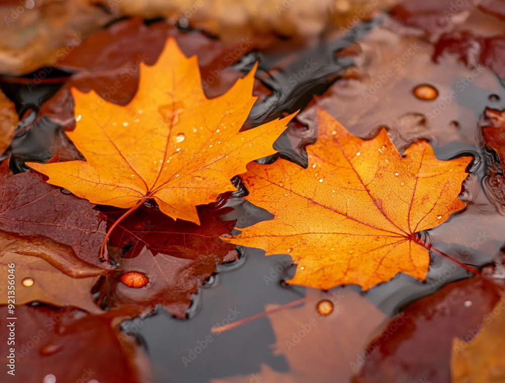 Meditative autumn scene with a pair of leaves floating on reflective water, capturing a moment of natural stillness. Meditative autumn scene with a pair of leaves floating on reflective water, capturing a moment of natural stillness.