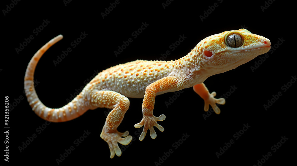 Naklejka premium Close-Up of Gecko with Orange Pattern on Black Background