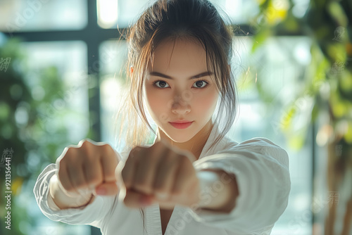 A young woman practicing taekwondo punches in a sunlit dojo surrounded by greenery