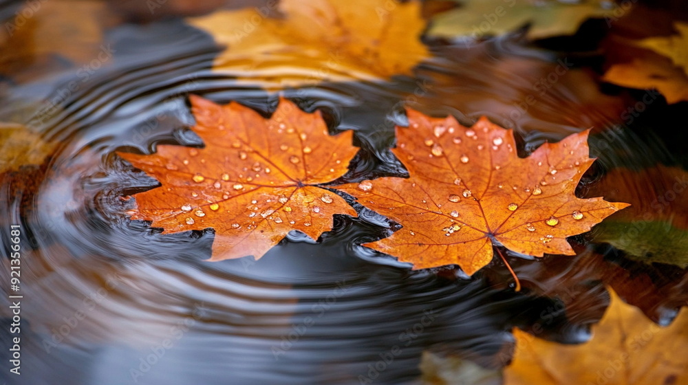 Meditative autumn scene with a pair of leaves floating on reflective water, capturing a moment of natural stillness. Meditative autumn scene with a pair of leaves floating on reflective water, capturing a moment of natural stillness.