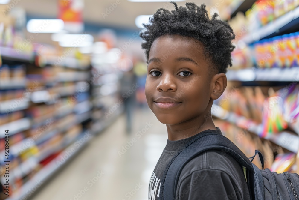 Young boy smiling with backpack shopping in store Young boy smiling with backpack shopping in store