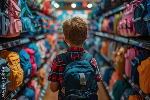 Boy choosing school backpack in stationery supermarket