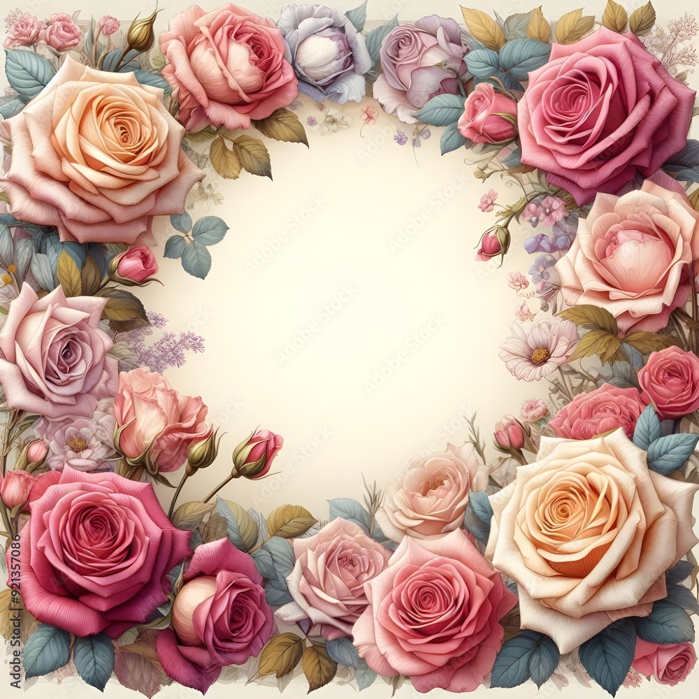 An arrangement of roses framing a blank space, creating a backdrop for messages or greetings. Frame An arrangement of roses framing a blank space, creating a backdrop for messages or greetings. Frame