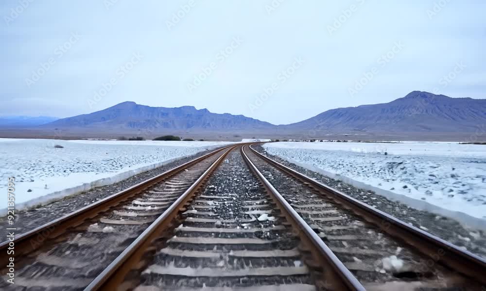The railway tracks along the vast salt desert expanses create a distinct line in the white, almost endless desert.
The railway tracks along the vast salt desert expanses create a distinct line in the white, almost endless desert.