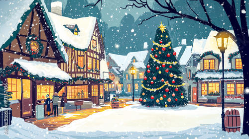 A charming village square blanketed in snow, showcasing cozy cottages with snow-dusted roofs, a beautifully adorned Christmas tree, and townsfolk taking leisurely strolls.
