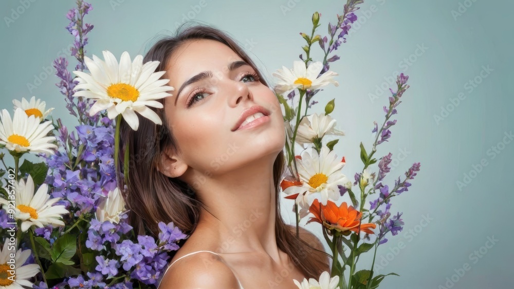 Woman Surrounded by Colorful Spring Flowers Against a Pastel Background Woman Surrounded by Colorful Spring Flowers Against a Pastel Background