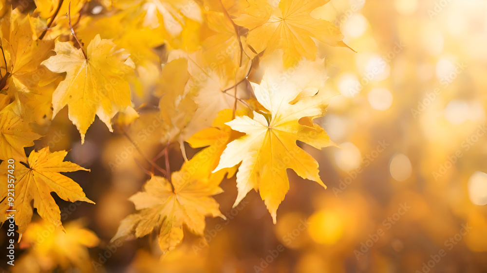 Beautiful blurred autumn background with yellow-gold leaves in the rays of sunlight on a dark natural background. Background with copy space. Banner. Beautiful blurred autumn background with yellow-gold leaves in the rays of sunlight on a dark natural background. Background with copy space. Banner.