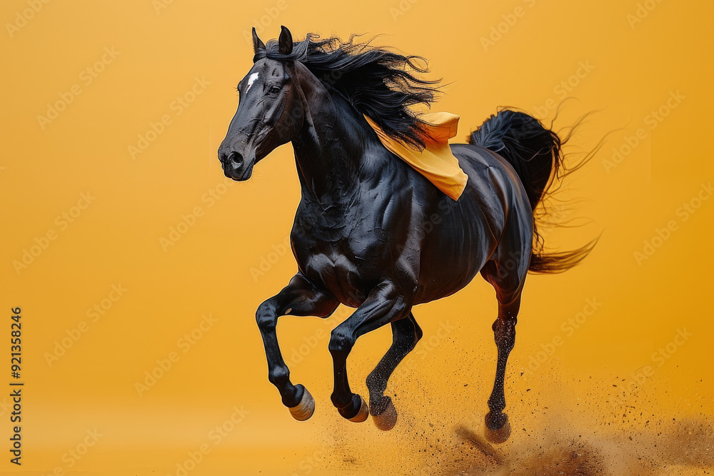 Dynamic Black Horse Leaping with yellow Cape at yellow background Dynamic Black Horse Leaping with yellow Cape at yellow background