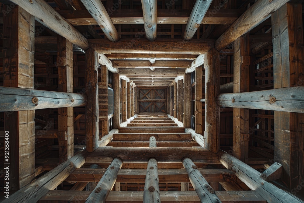 A very long and narrow room with towering wooden beams running along the ceiling, Massive wooden beams towering overhead in a towering structure