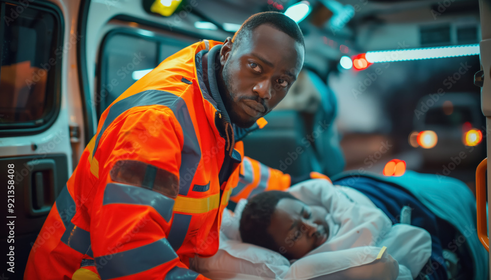 African American man in orange uniform - paramedic doctor - assisting patient in ambulance van. Generative AI