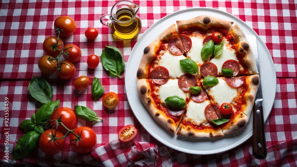 A tasty pepperoni pizza with basil leaves on a checkered tablecloth, surrounded by fresh tomatoes and olive oil, ready to eat. A tasty pepperoni pizza with basil leaves on a checkered tablecloth, surrounded by fresh tomatoes and olive oil, ready to eat.