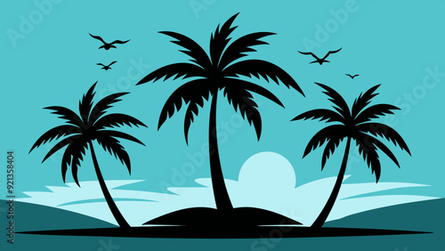 Beach palm tree silhouette vector art illustration