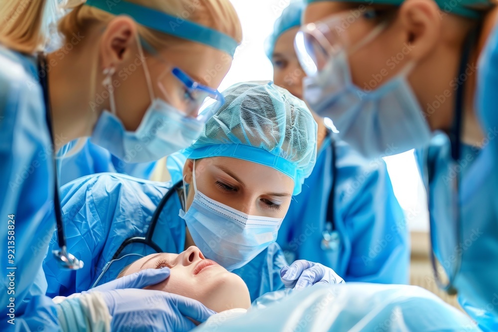 A group of medical professionals in scrubs and gloves performing surgery on a patient in an operating room, Medical professionals providing guidance on emergency procedures A group of medical professionals in scrubs and gloves performing surgery on a patient in an operating room, Medical professionals providing guidance on emergency procedures