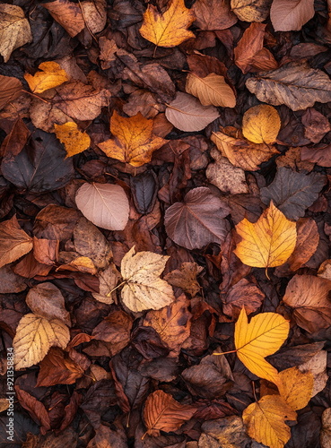 Vibrant autumn foliage leaves background showcasing contrasting colors of yellow, red, and purple leaves, creating a beautiful fall season backdrop, wallpaper, 