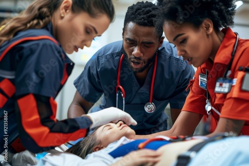 Group of medical professionals providing urgent care to a patient in need of assistance, Medical professionals providing guidance on emergency procedures photo