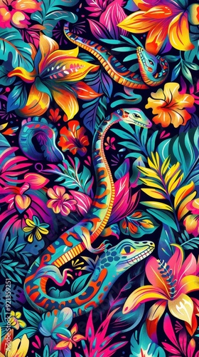 Colorful snakes weave through lush tropical flowers in a lively jungle arrangement