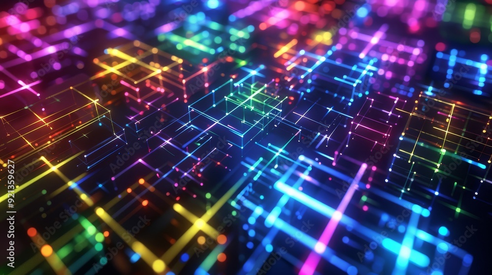 Neon Geometric Grid: A complex grid of geometric shapes in neon colors, such as electric blue and lime green, forming a cohesive network of interlocking patterns. Neon Geometric Grid: A complex grid of geometric shapes in neon colors, such as electric blue and lime green, forming a cohesive network of interlocking patterns.