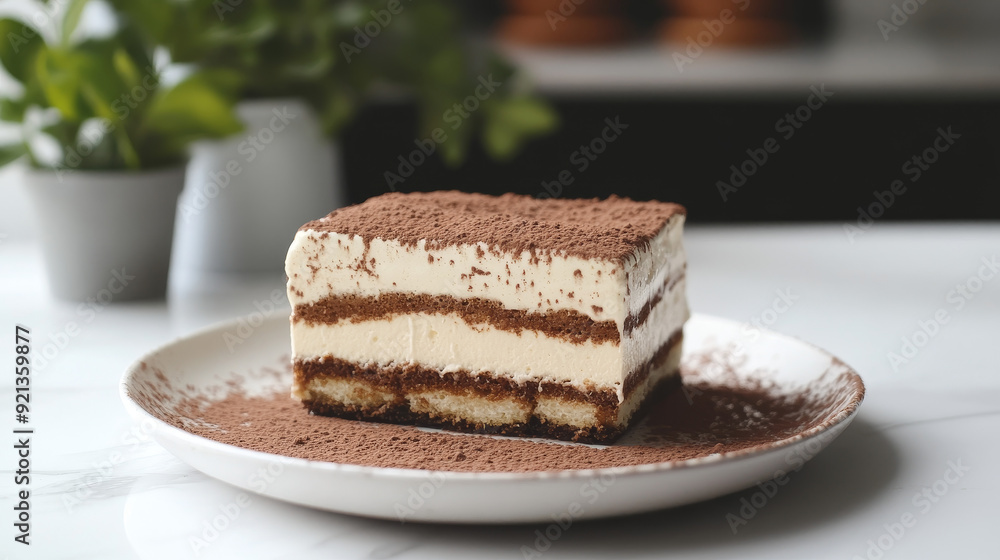 A perfect homemade tiramisu cake sprinkled with cocoa powder, served as a portion on a plate over a white marble tabletop. The scene is illuminated by natural daylight, A perfect homemade tiramisu cake sprinkled with cocoa powder, served as a portion on a plate over a white marble tabletop. The scene is illuminated by natural daylight,
