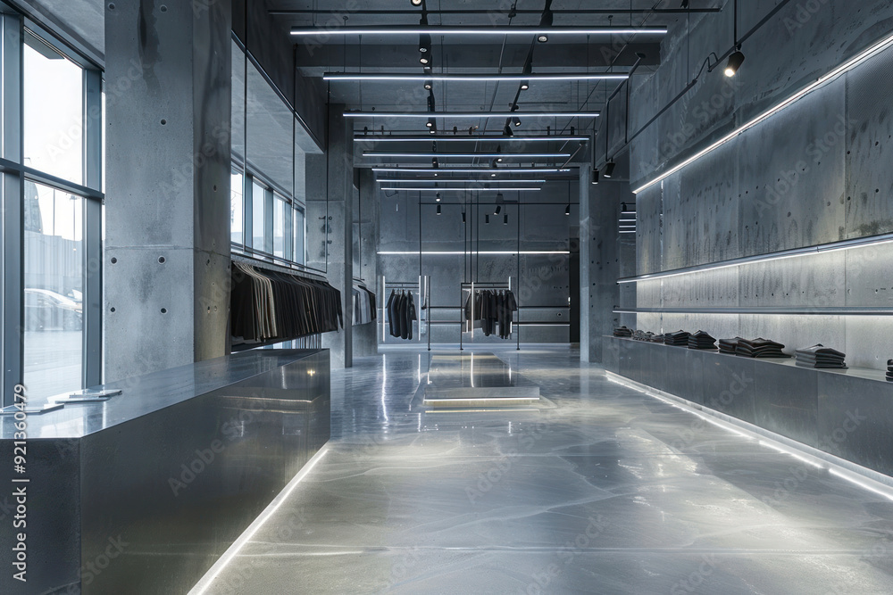 Modern retail store with matte metal clothing racks. Modern retail store with matte metal clothing racks.