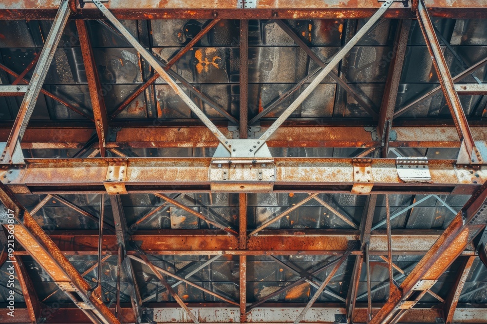 Close up of intersecting metal beams covered in rust, Metal beams crisscrossing overhead Close up of intersecting metal beams covered in rust, Metal beams crisscrossing overhead