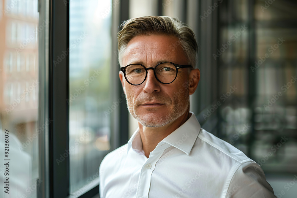 A man wearing glasses and a white shirt is standing in front of a window generative ai. A man wearing glasses and a white shirt is standing in front of a window generative ai.