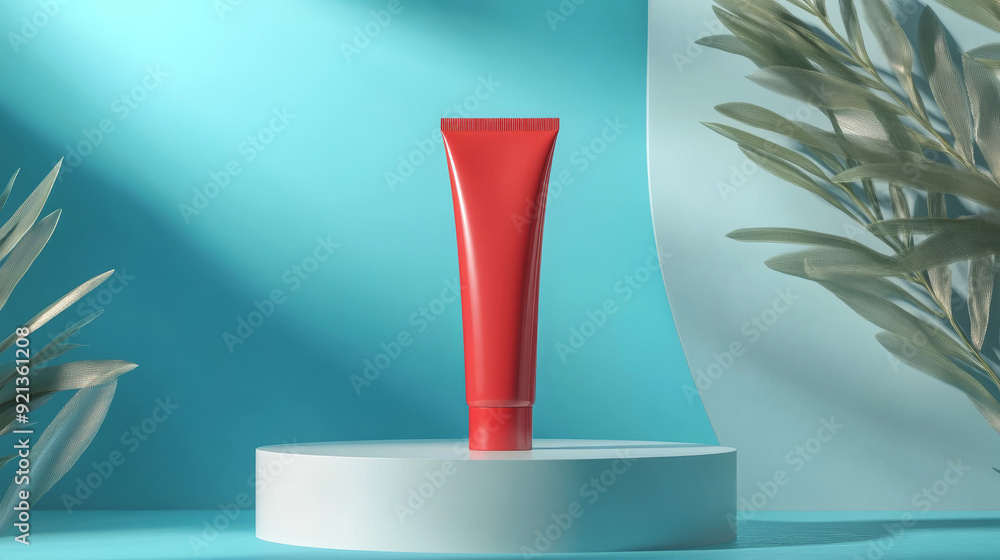 A round podium featuring a red tube of sunscreen standing prominently on it. The setup emphasizes the concept of protection against ultraviolet rays and the harmful effects of the sun on the skin, A round podium featuring a red tube of sunscreen standing prominently on it. The setup emphasizes the concept of protection against ultraviolet rays and the harmful effects of the sun on the skin,