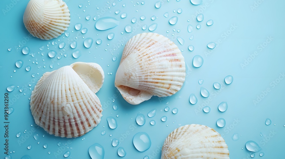 White seashells, water drops on a blue background White seashells, water drops on a blue background