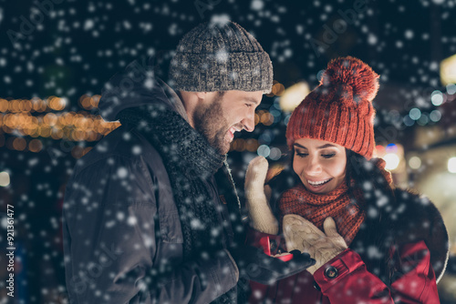 Let's get married. Close-up portrait of his he her she nice attractive charming cute lovely cheerful cheery couple wearing warm outfit guy making proposal 14 February outdoors