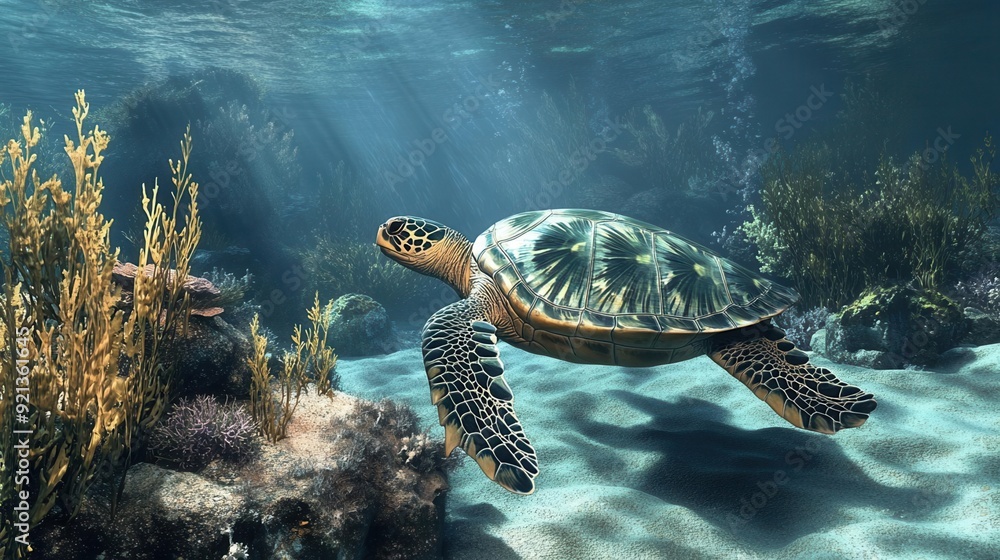 Fototapeta premium A turtle swimming gracefully in a coral reef, nibbling on sea plants