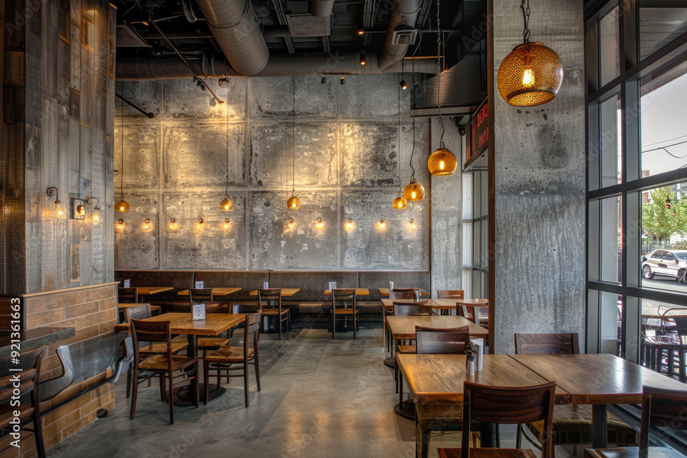 Naklejka premium Chic restaurant design with abstract smooth concrete feature walls.