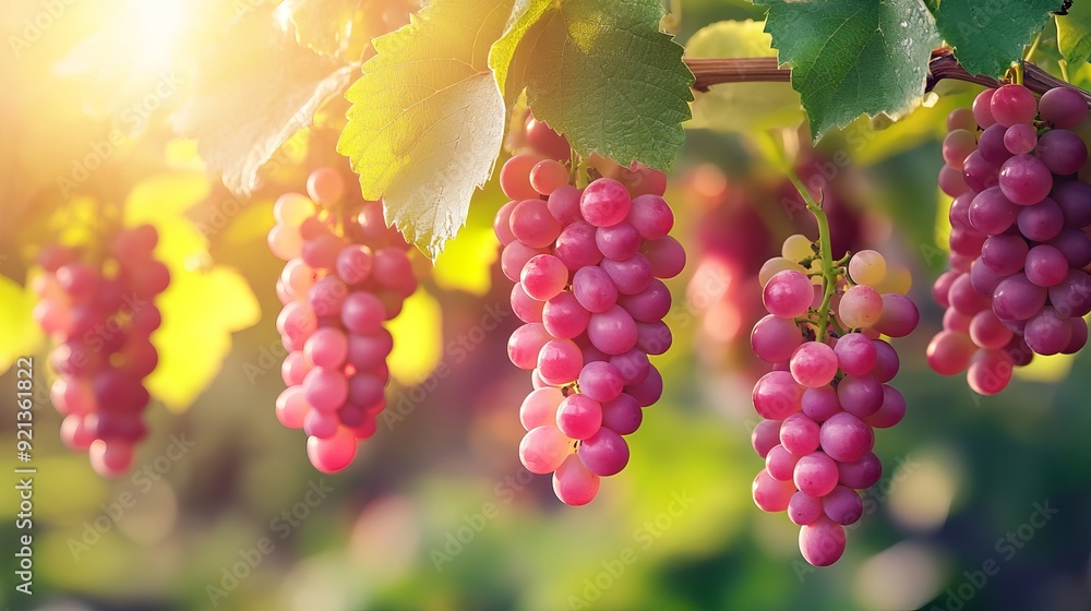Ripe pink grapes hanging on a vine in sunlight during harvest season Ripe pink grapes hanging on a vine in sunlight during harvest season