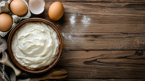 Whipped egg whites, used to make cream, displayed on a wooden background. The frothy, airy texture of the whipped egg whites is highlighted, emphasizing their smooth, fluffy consistency. 