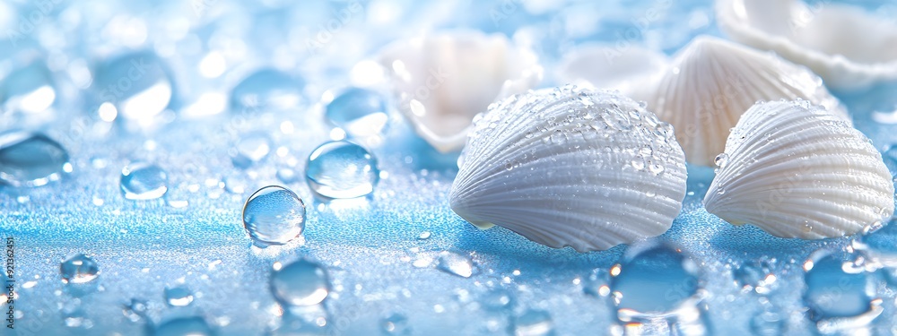 White seashells, water drops on a blue background White seashells, water drops on a blue background