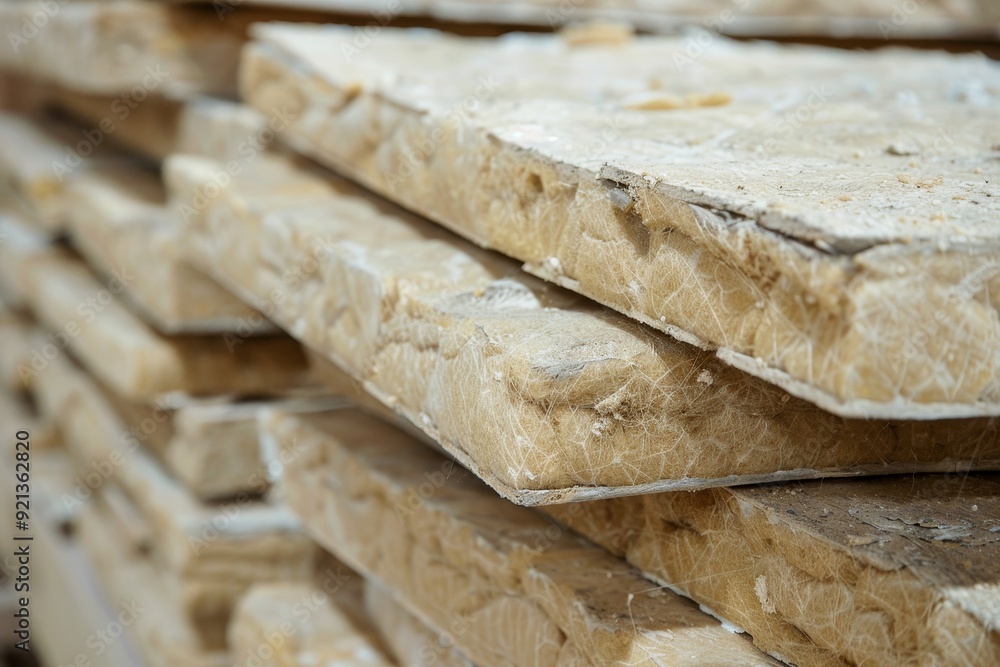 Multiple wooden planks stacked vertically on top of each other, Mineral wool batts for fire resistance and soundproofing